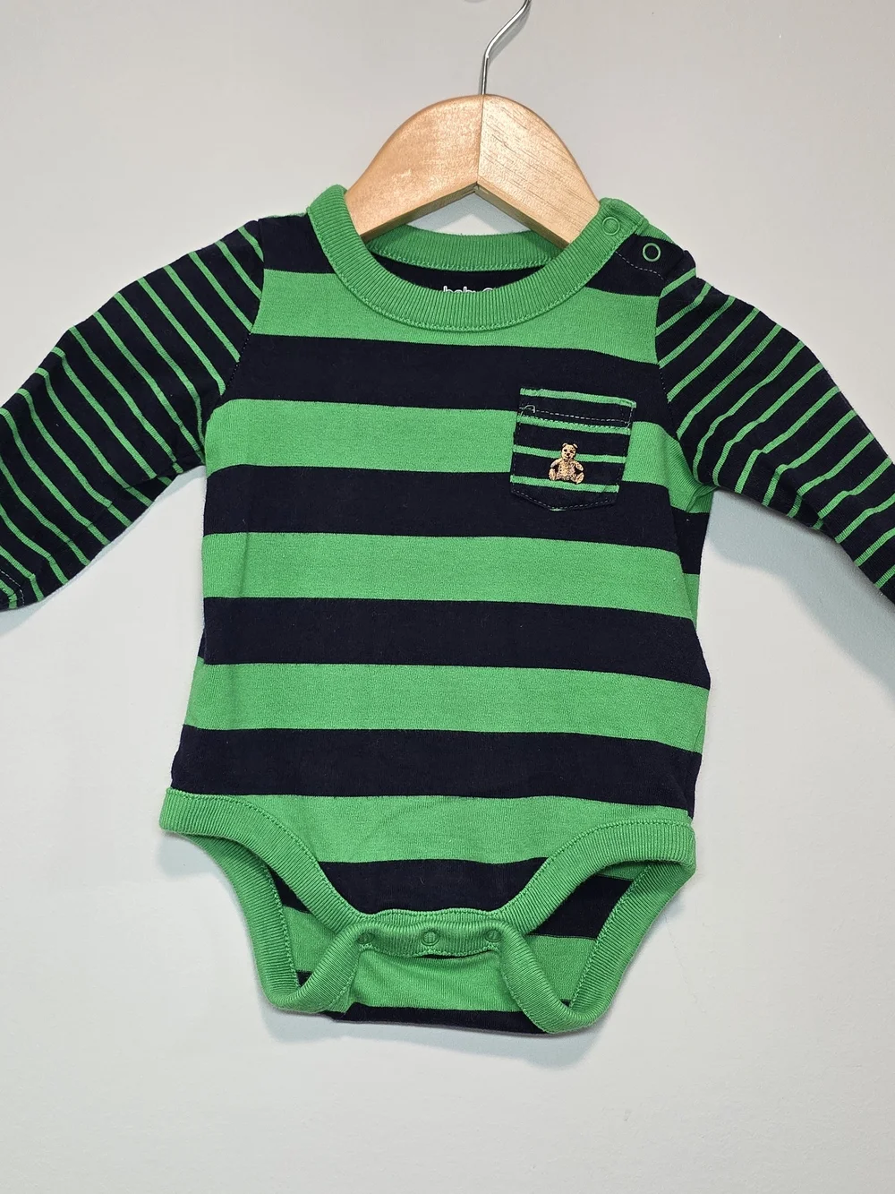 GAP Green & Navy Striped Baby One-Piece Long Sleeve Bodysuit 0-3M